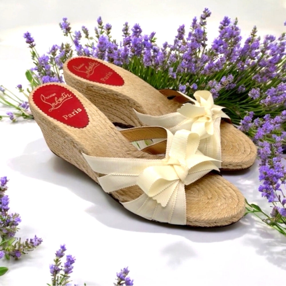 Christian Louboutin Cream Wedge Espadrilles Ribbon Bow Shoes Size 41 or 9